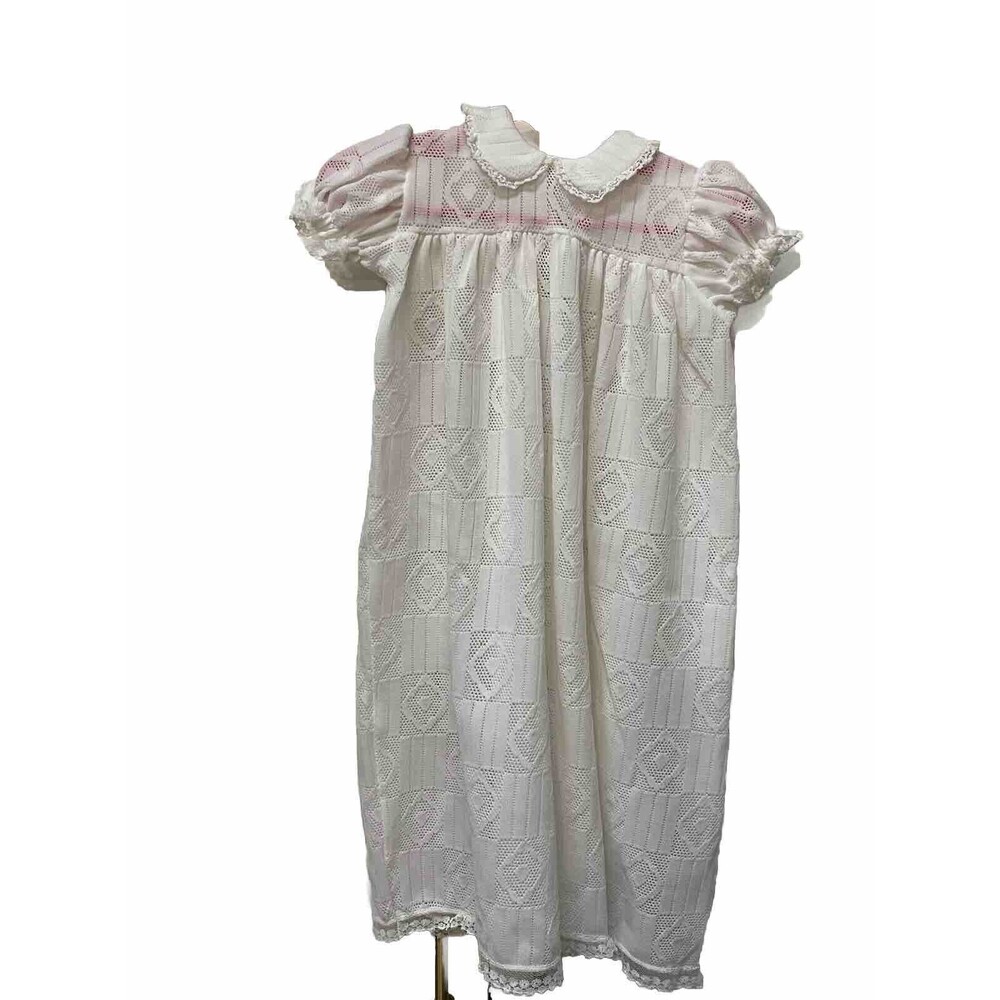 Vtg Madonna 50s Christening White Dress Geo Design Lace Trim Overlay Baby 0-6M